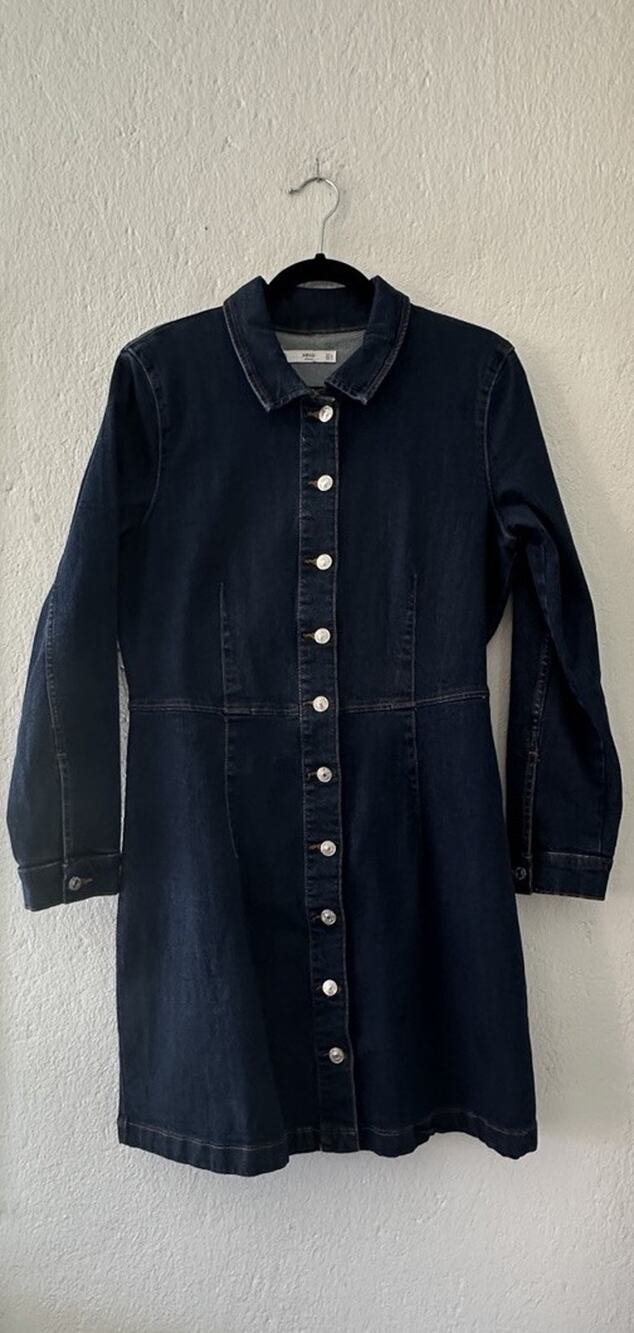 MNG Mango Denim Shirt Dress Button Front Blue Midi Casual Women Stretch Size Med